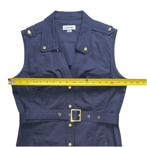Calvin Klein Shirt Dress Women’s Sz 12 Navy Blue Sleeveless Midi V-Neck Belt - Picture 4 of 12